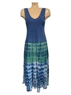 Baba Sleeveless Blue & Green Tie-Dye V-Neck Maxi Dress Size L